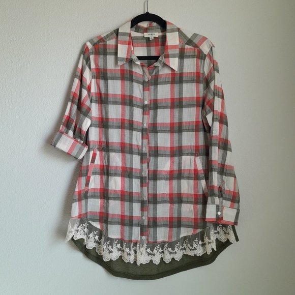 Umgee Mixed Media Plaid Button Up Convertible Sleeve Tunic Lace Trim Size S - Picture 7 of 13